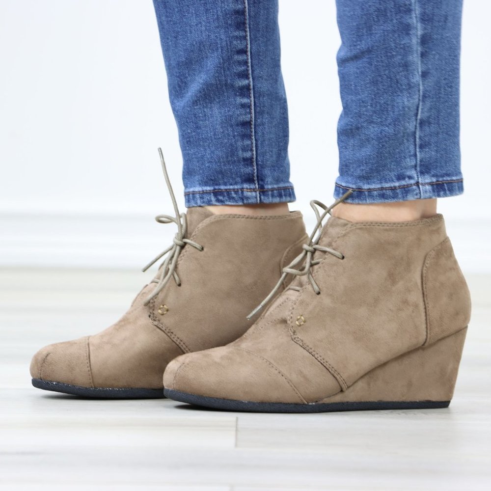 Taupe Faux Suede Round Toe Wedge Heel Lace Up Ankle Boots - Picture 11 of 12